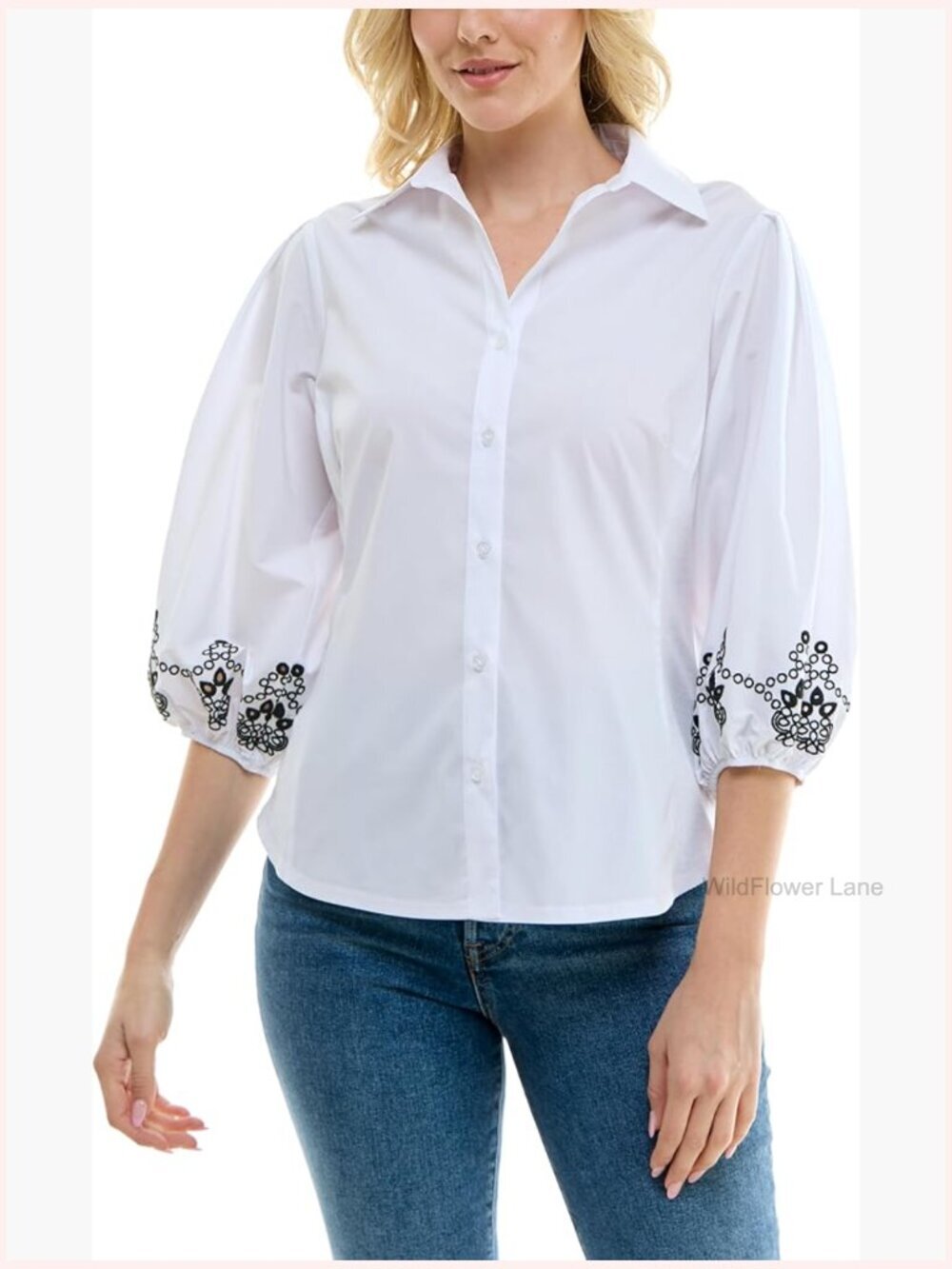 Women's Button Up Shirt with 3/4 Blouson Sleeve Floral